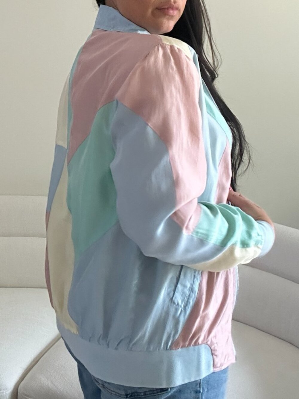 Vintage 80s Blair 100% Silk Pastel Color Block Bomber Jacket Oversized Small - Picture 13 of 14